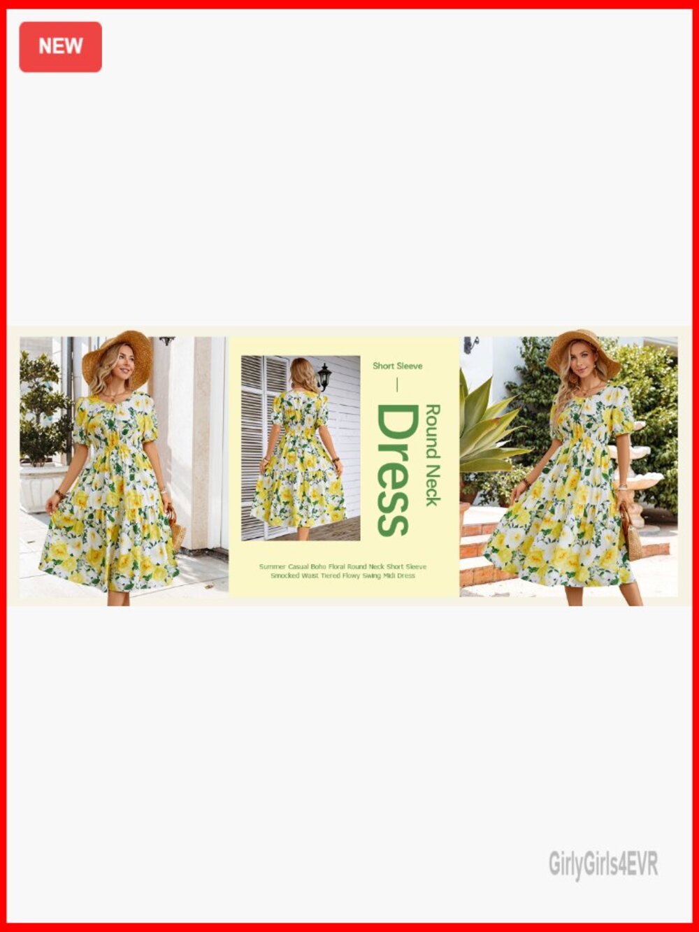 Women Summer Boho Floral Midi Dress Smocked Waist Tiered Flowy Swing - Picture 7 of 7